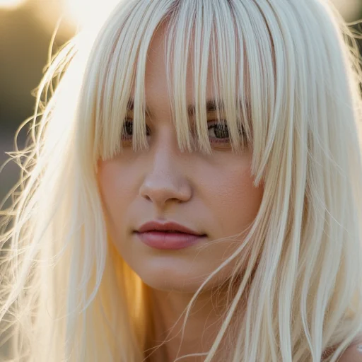 A romantic portrait composition featuring soft, flowing neon white hair with prominent strands falling between the eyes. The luminous white hair shows natural movement and texture, with iridescent highlights creating an ethereal glow. Captured in dreamy natural lighting with a shallow depth of field, creating an ethereal atmosphere against a blurred background with warm tones. The hair appears almost phosphorescent, with subtle blue-white undertones that emphasize its otherworldly brightness.