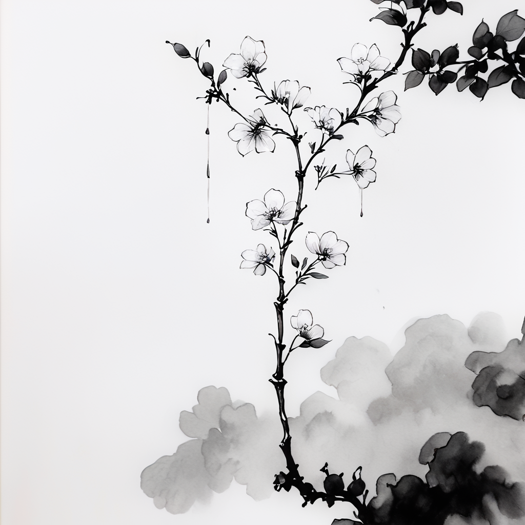 core_9, score_8_up, score_7_up, score_6_up, <lora:Zen_Ink_Wash_Sumi-e:1>  ArsMJStyle, Zen Ink Wash Sumi-e, A delicate cherry blossom branch with flowers, monochrome, greyscale, minimalistic, white background, no humans, nature, traditional media, ink, solo, botanical.