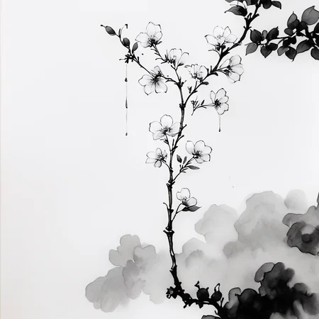 core_9, score_8_up, score_7_up, score_6_up, <lora:Zen_Ink_Wash_Sumi-e:1> ArsMJStyle, Zen Ink Wash Sumi-e, A delicate cherry blossom branch with flowers, monochrome, greyscale, minimalistic, white background, no humans, nature, traditional media, ink, solo, botanical.