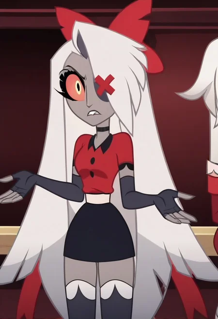 masterpiece, amazing quality, best quality, cartoon, screencap, perfect face,
vaggie, grey skin, hair over one eye, white hair, long hair, colored sclera, hair bow, X-shaped eye patch, choker, red shirt, elbow gloves, white waistband, fingerless gloves, miniskirt, thighhighs, 4 fingers,