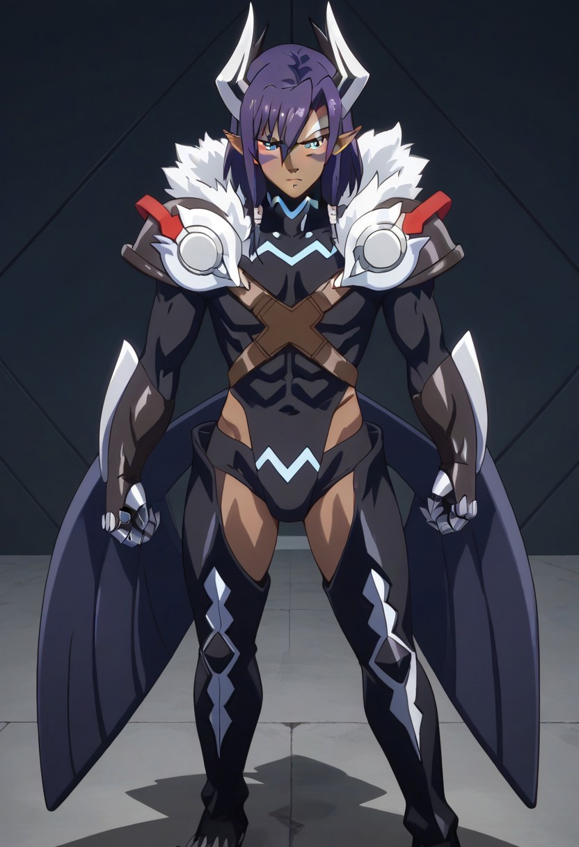 ((masterpiece)), ((best quality)), ((ultra-detailed)), ((absurdres)), score_9_up, score_8_up, score_7_up,
HD, top quality, best quality, amazing quality, High-quality illustrations, anime screencap, source_anime, best aesthetic, perfect proportions, perfect eyes, 1boy, 1male, solo boy, solo male, male focus, solo male focus, Anime, boy, male anime character, anime boy, handsome, attractive, cute, charming, sexy, hot, easynegative, Expressiveh, neghands, updn, Leohart, purple hair, blue eyes, long pointed ears, dark skin, horns, skintight black bodysuit, black brief, exposed groin, arm blades, talons, white fur hood, thigh boots, feet claws, large metal wings, ((flying)), ((attacking forward))