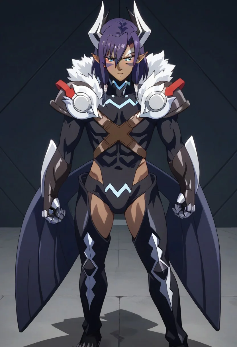 ((masterpiece)), ((best quality)), ((ultra-detailed)), ((absurdres)), score_9_up, score_8_up, score_7_up,
HD, top quality, best quality, amazing quality, High-quality illustrations, anime screencap, source_anime, best aesthetic, perfect proportions, perfect eyes, 1boy, 1male, solo boy, solo male, male focus, solo male focus, Anime, boy, male anime character, anime boy, handsome, attractive, cute, charming, sexy, hot, easynegative, Expressiveh, neghands, updn, Leohart, purple hair, blue eyes, long pointed ears, dark skin, horns, skintight black bodysuit, black brief, exposed groin, arm blades, talons, white fur hood, thigh boots, feet claws, large metal wings, ((flying)), ((attacking forward))