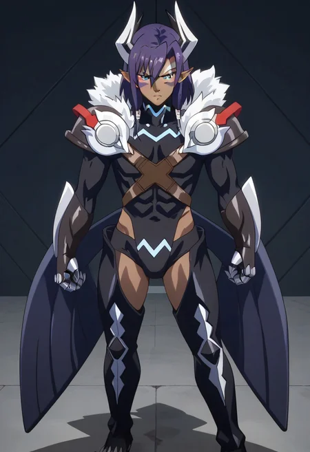 ((masterpiece)), ((best quality)), ((ultra-detailed)), ((absurdres)), score_9_up, score_8_up, score_7_up,
HD, top quality, best quality, amazing quality, High-quality illustrations, anime screencap, source_anime, best aesthetic, perfect proportions, perfect eyes, 1boy, 1male, solo boy, solo male, male focus, solo male focus, Anime, boy, male anime character, anime boy, handsome, attractive, cute, charming, sexy, hot, easynegative, Expressiveh, neghands, updn, Leohart, purple hair, blue eyes, long pointed ears, dark skin, horns, skintight black bodysuit, black brief, exposed groin, arm blades, talons, white fur hood, thigh boots, feet claws, large metal wings, ((flying)), ((attacking forward))