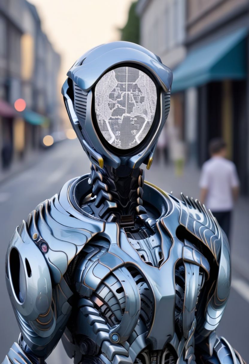 ((Image of a robot with a hatasking the viewer for directions about who cares about his opinion:1.3,elegant clothes:1.3)),holding a map,busy streets,blank faced robot,close up,solo focus