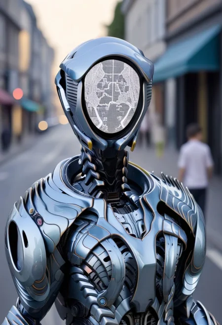 ((Image of a robot with a hatasking the viewer for directions about who cares about his opinion:1.3,elegant clothes:1.3)),holding a map,busy streets,blank faced robot,close up,solo focus