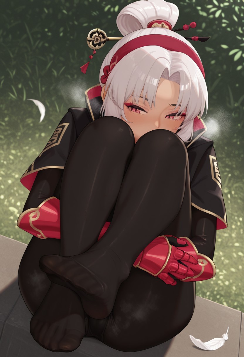 gamarenji,  outdoors, undershirt, falling feathers, black bodysuit, hair stick, hugging own legs, , gauntlets,   eyeshadow,   red gloves,  high ponytail,  , black capelet, red hairband, pink eyes, 1girl, solo, feet, visible breath,   dynamic angle, foreshortening, smell, steam,