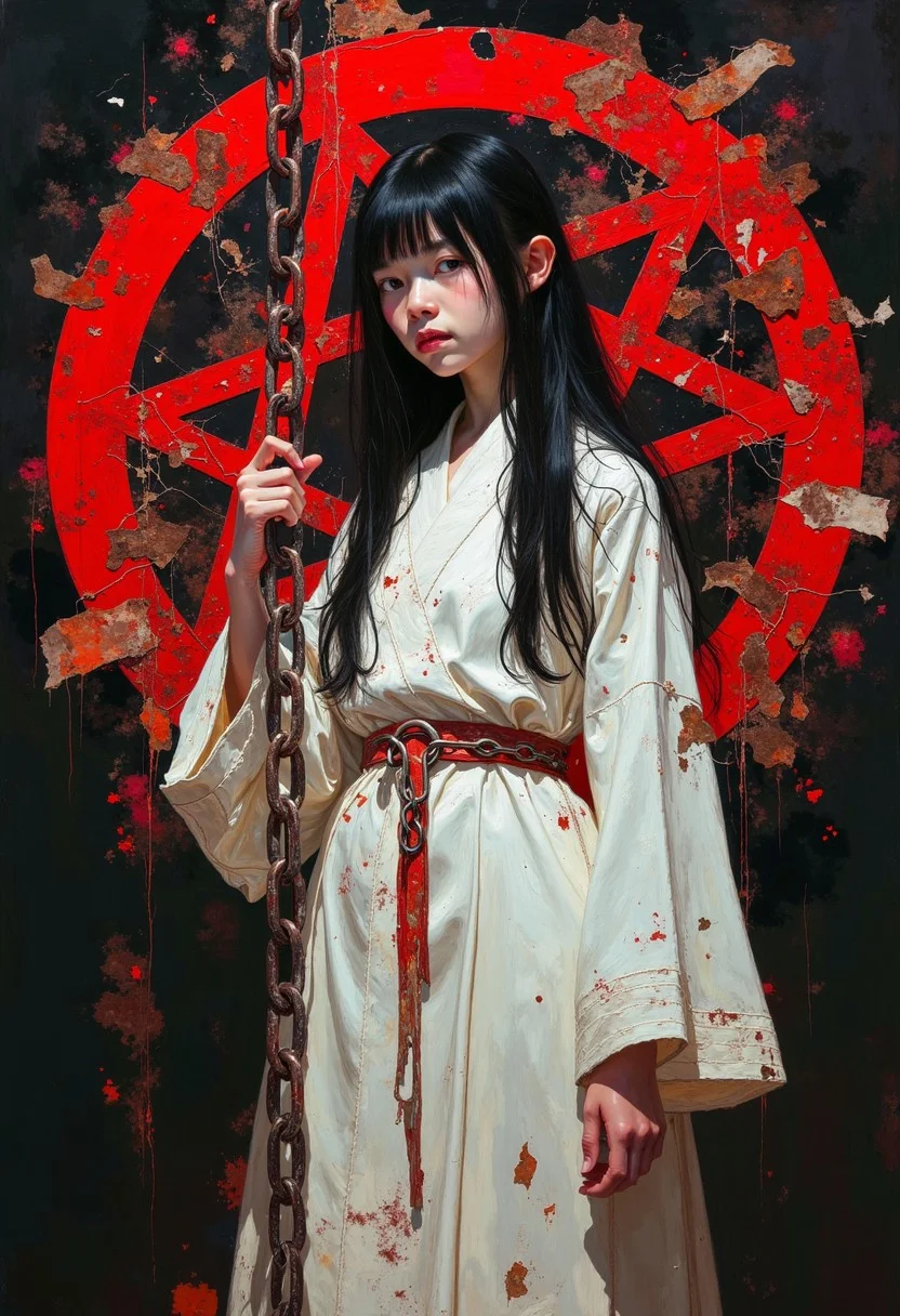 DB4RZ style painting, a cultist girl with long hair in white robes holding a metal chain made of glitch effects and corruption, the ambiance is dark with a detailed red rune and sigil in the background