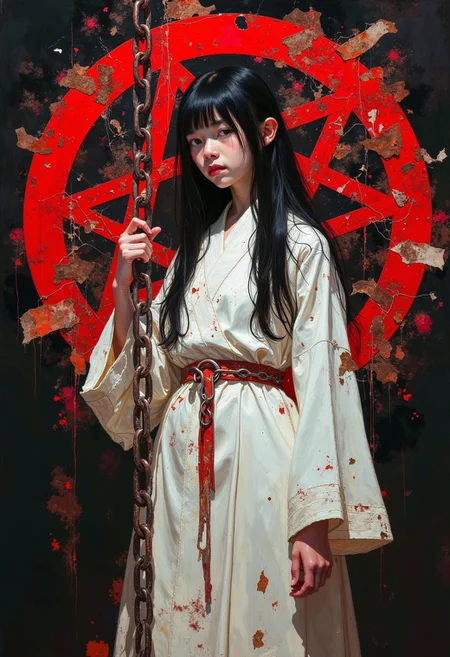 DB4RZ style painting, a cultist girl with long hair in white robes holding a metal chain made of glitch effects and corruption, the ambiance is dark with a detailed red rune and sigil in the background