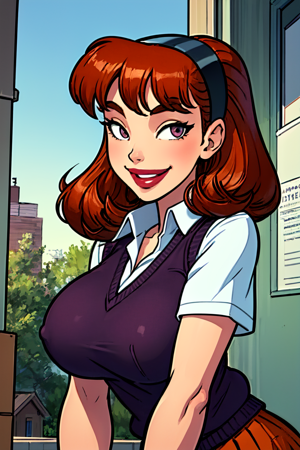 sharona, 1girl,solo, looking at viewer, smile,  skirt, breasts, large breasts, hairband, solo, school uniform, lipstick, looking at viewer, smile,sweater vest,     <lora:Sharonamhan:0.9>