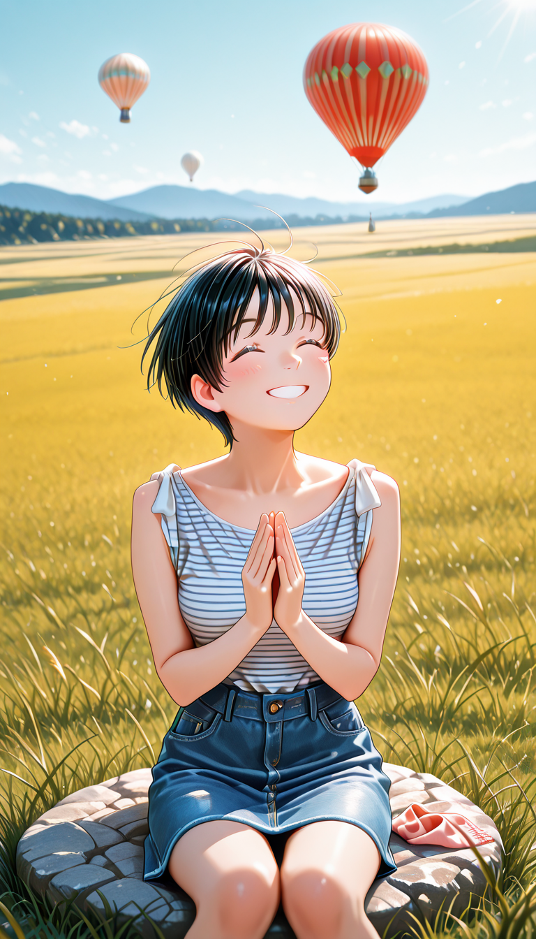 IllusP0s, masterpiece, best quality, amazing quality, very aesthetic, absurdres, newest, (ultra detailed hair), ((dynamic angle)), (softly blurred eyes highlights), ((dynamic pose))
BREAK
1girl,  hir0mi_nene, black hair, short hair,  <lora:hiromi-nene03:1>
eyes focus, 
((happy))
striped shirt,denim skirt
BREAK
<lora:SmoothMix_Illustrious_v2:0.4>, <lora:noob1.1-lineart_adjust_mult-mki:-1.9>,
Wide grassland, colorful hot air balloons, watching, grass, sitting on the bank, sitting with handkerchiefs, clapping hands, looking up,
hot air balloon 