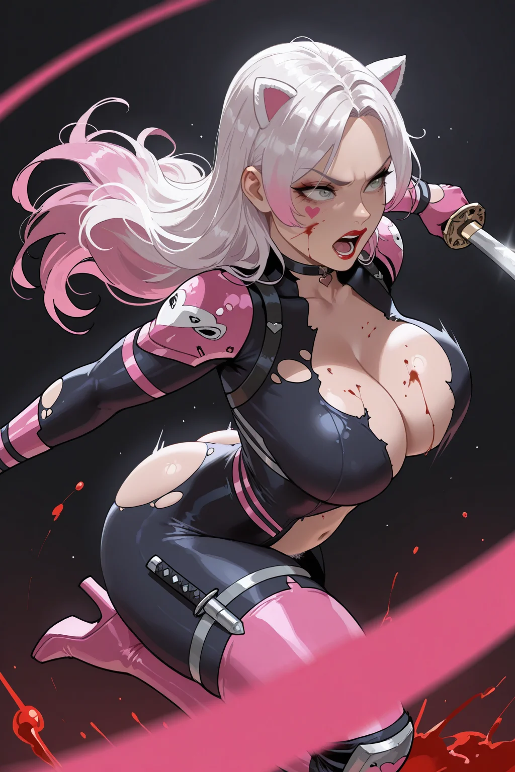 masterpiece, good quality, best quality, very awa, very as2, absurdres, highres
<lora:Miss MeowilluLoRA:1>MsMeow, animal ears, long hair, pink hair, white hair, two-tone hair, parted bangs, pink bangs, grey eyes, facial tattoo, red lipstick, heart choker, collar, black shoulder holster, shoulder armor, black bodysuit, impossible bodysuit, skin tight, pink gloves, claws, multiple thigh straps, thigh strap, pink thigh boots, thigh holster, grey knee pads, holding sword, katana, blood on face, blood, (torn clothes:2, torn boots, torn bodysuit:2, navel:), midriff, center opening, collarbone, torn gloves, crotch, pubic hair, bouncing breasts, midair, jumping, angry, open mouth, slashing, cleavage, bare ass