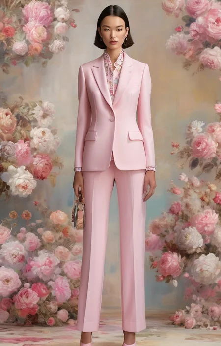 masterpiece,best quality,<lora:tbh361-sdxl:0.6>,illustration,style of Stefano Gabbana, Dior's modern take on feminine tailoring, pastel power suit, minimalist luxury, corporate fashion