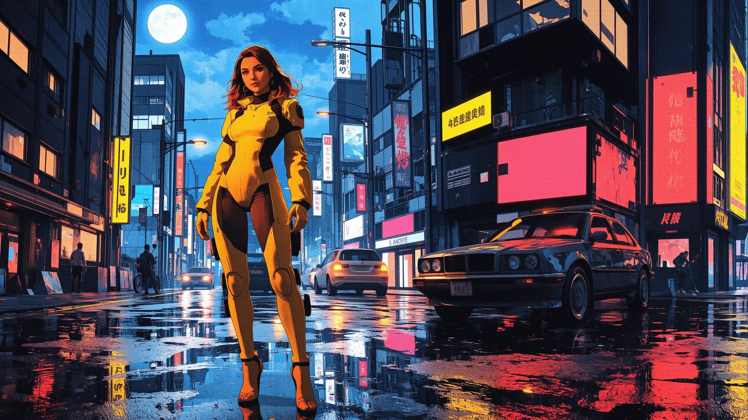 Salvadorean blowout chestnut hair (young woman), anime, illustration, cyberpunk, futuristic, (extremely detailed), (portrait), (standing:1.3), (happy smile), (beautiful cyberpunk tokyo buildings landscape), wet floor, windows, motorbike, car, moon in the sky, (bright neon lights), screen holograms, kanjis, raytracing, hdr, high contrast, ethereal cinematic lights, backlight, reflections, (legs), heels, (sharp focus), luminous Banana Yellow robot glossy brilliant armor, body lights, body circuits, glossy lipstick, necklace, ball earrings, colorful, retrowave, shadows, vibrant colors, pretty, beautiful, feminine, sexy, lovely, in love, adorable, fashion,  <lora:Hand v2:1> <lora:Anti-Blur:1> <lora:RetroAnimeFluxV1:0.4> <lora:CPA:0.8> <lora:Luminous_Shadowscape:0.4>