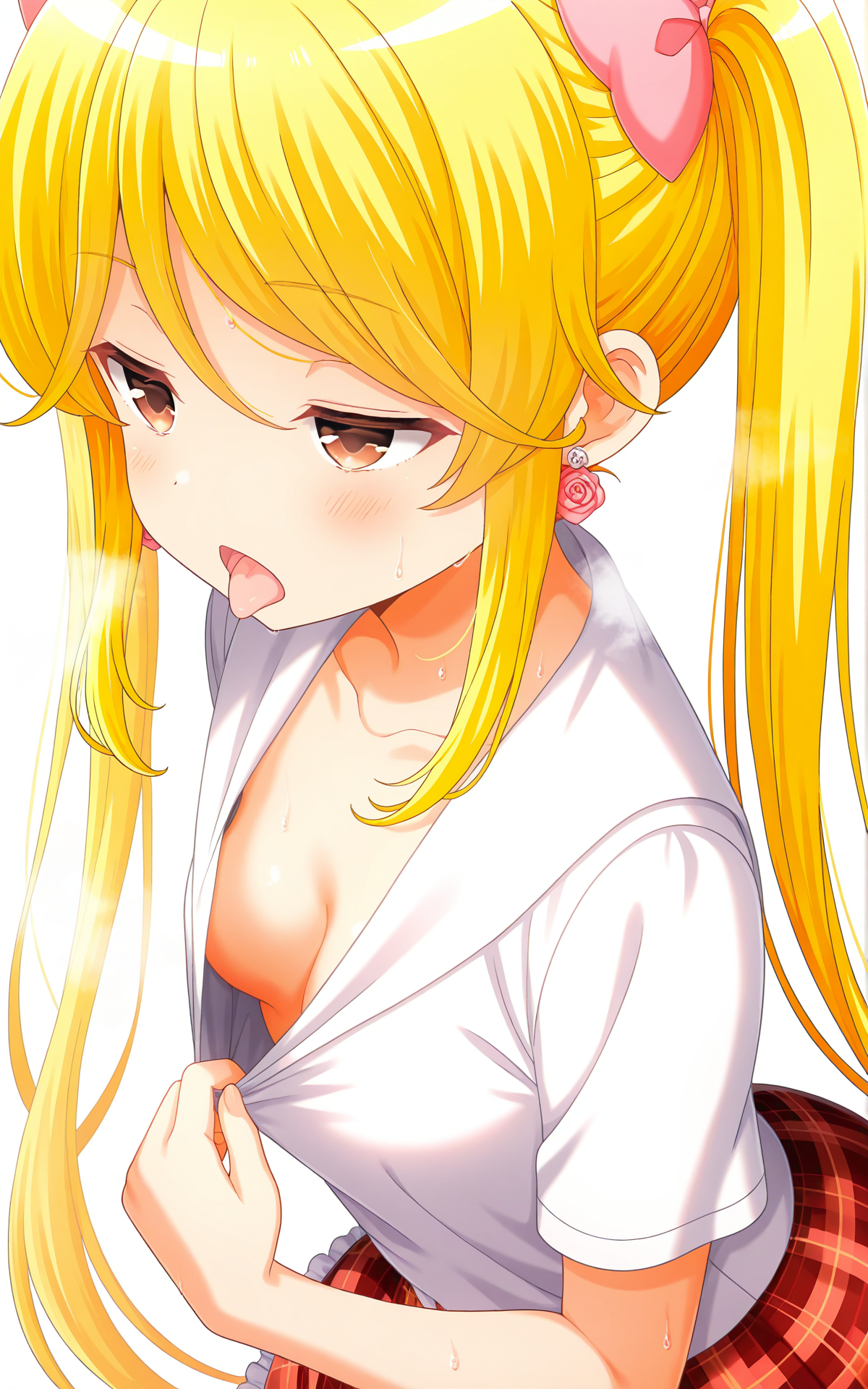 masterpiece,best quality,good quality,newest,4k,perfect lighting,cinematic,very aesthetic,official art,anime screencap,anime coloring,detailed fingers,(((white background,simple background))),
1girl,solo,tokitani koruri,blonde hair, twintails,long hair,pink hair bow, brown eyes,rose earrings,small breasts,
seio school uniform,white shirt,collared shirt,short sleeves,collarbone,downblouse,red skirt,plaid skirt,frilled skirt,miniskirt,
looking ahead,open mouth,tongue out,half closed eyes,jitome,tired,steaming bodt,sweat,shirt pull,pulled by self,cleavage reach,from side,BREAK
 <lora:ILkoruri:1>