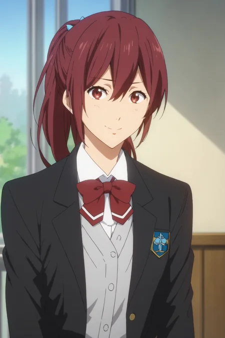 gou matsuoka, red eyes, red hair, long hair, ponytail, school uniform, blazer, jacket, shirt, gray sweater, brown skirt, pleated skirt, black kneehighs, loafers, red bowtie, <lora:Gou_Matsuoka:0.8>, score_9, score_8_up, score_7_up, score_6_up, score_5_up, source_anime, rating_safe, medium breasts, indoors,classroom, 1girl, solo, looking at viewer, <lora:age_slider_v4:3>, (upper body:1.2), smile, (anime screencap:1.2)