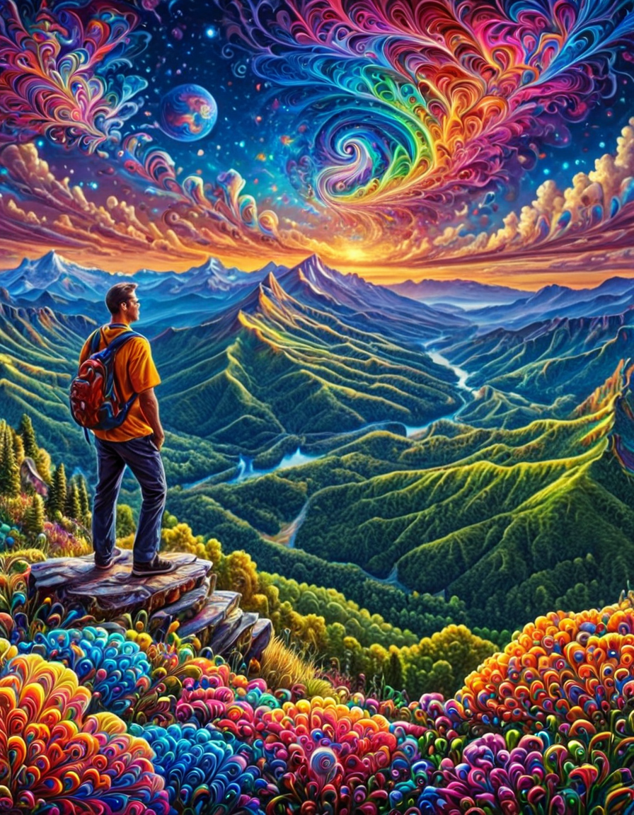 Masterpiece psychedelicv2lora, colorful, scenery, mountain overlook, 1man, portrait . Exquisite detail, flawless composition, high-resolution, stunning quality