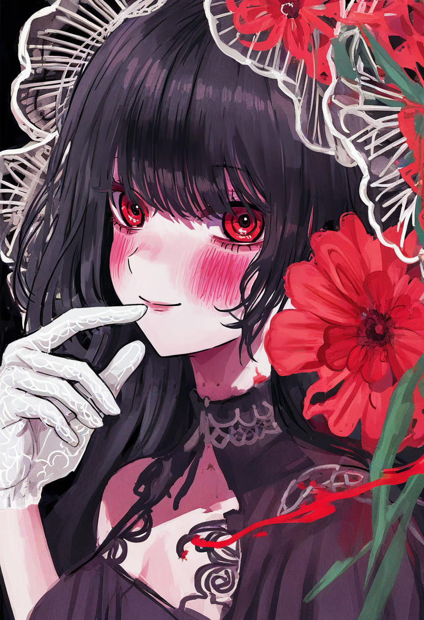 1girl, solo, red eyes, gloves, white gloves, looking at viewer, flower, black hair, blood, blush, smile, portrait, black background, bangs, dress, finger to mouth, red flower <lora:shiunXL_NB11_lokr_V6311P:0.95>