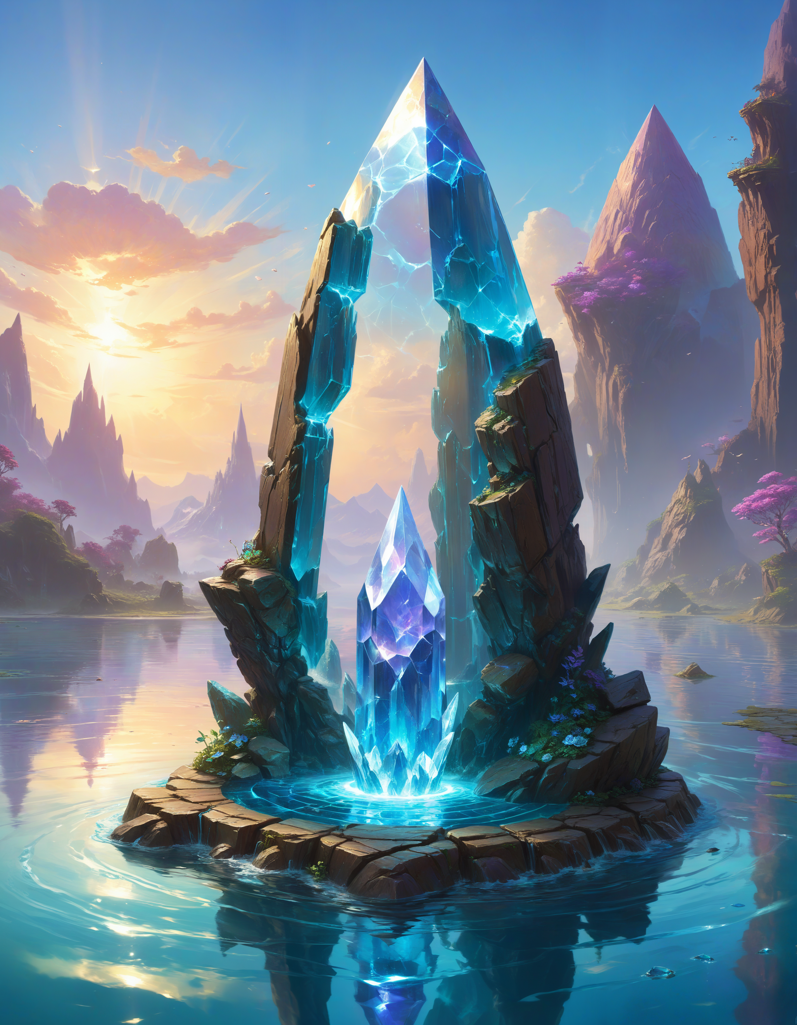 a large rock in the middle of a body of water, Artstation contest winner, fantasy art, glass obelisk of the void, hearthstone card art, ethereal hologram center, fantasy art Behance, beautiful painting of a tall, Artstation HQâ, on a throne of crystals, numenera, monolith, magic stone, looking at viewer, dynamic pose, (intricate details, masterpiece, best quality:1.4)
<lora:add-detail-xl:0.5> <lora:xl_more_art-full_v1:0.5> <lora:looking_at_viewer:2>