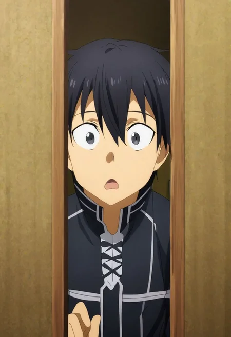 high resolution, solo, best quality, 1Boy, Kazuto Kirigaya, Black Hair, Black Eyes, surprised, peeking out, OverallDetail