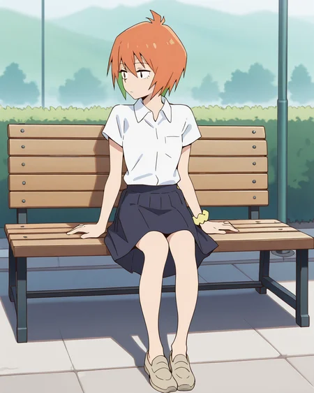 (masterpiece:1.4), (best quality:1.4),  very aesthetic,best quality, amazing quality, absurdres,
yasaku_rei, orange hair, 1girl, solo, short hair, , multicolored hair,wrist scrunchie,
school uniforms,white shirt, collared shirt,skirt,tacked-out, short sleeve,no socks,light brown shoes,slip-on
 <lora:yasaku_rei:1>
sitting ,outdoor,on bench,looking away,expressionless,full body