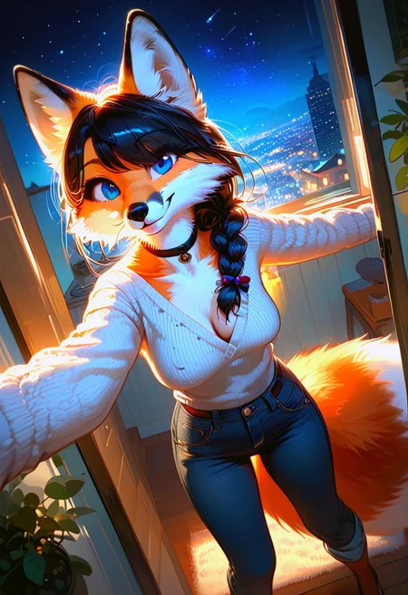 score_9, score_8_up, score_7_up, braided black hair, anthro fox female,foxfolk,perfecteyes,blue eyes, one eye covered by hair, open chest, medium breasts, down blouse,black choker, black knittet sweater,over sized sweater, tights, jeans,from above, selfie, looking at viewer,dutch angle, perfect quality, high quality, at night ,cosy athmosphere, expressiveH