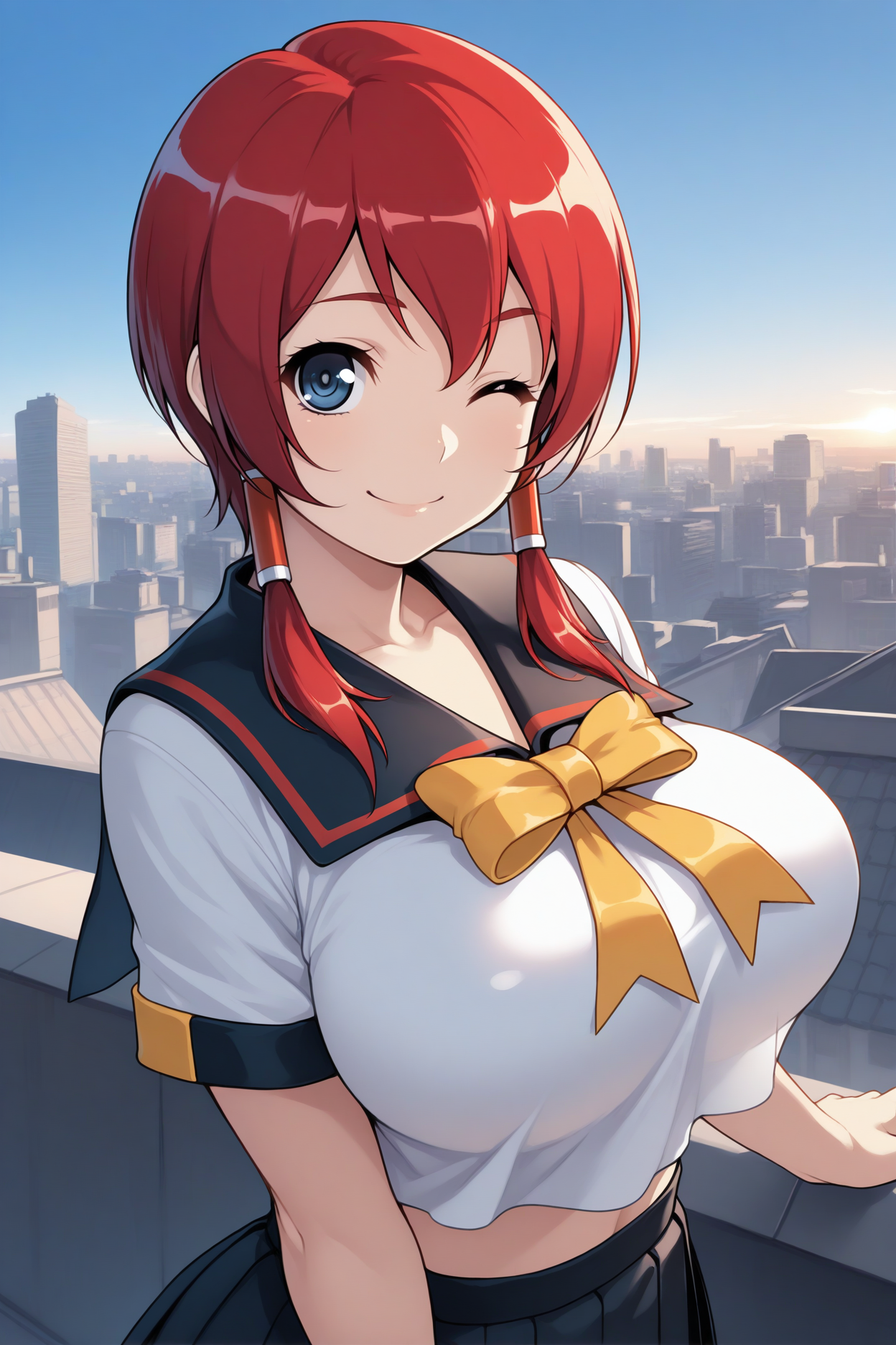 masterpiece, best quality, 1girl, solo,  <lora:otonashimiki-illu-nvwls-v1_1-000006:1> otmsi, low twintails, hair tubes, red hair, dark blue eyes, big breasts, black sailor collar, yellow bow, white shirt, short sleeves, midriff, black skirt, pleated skirt, upper body, happy, wink, smile, blue sky, rooftop, city, hdr, looking at viewer