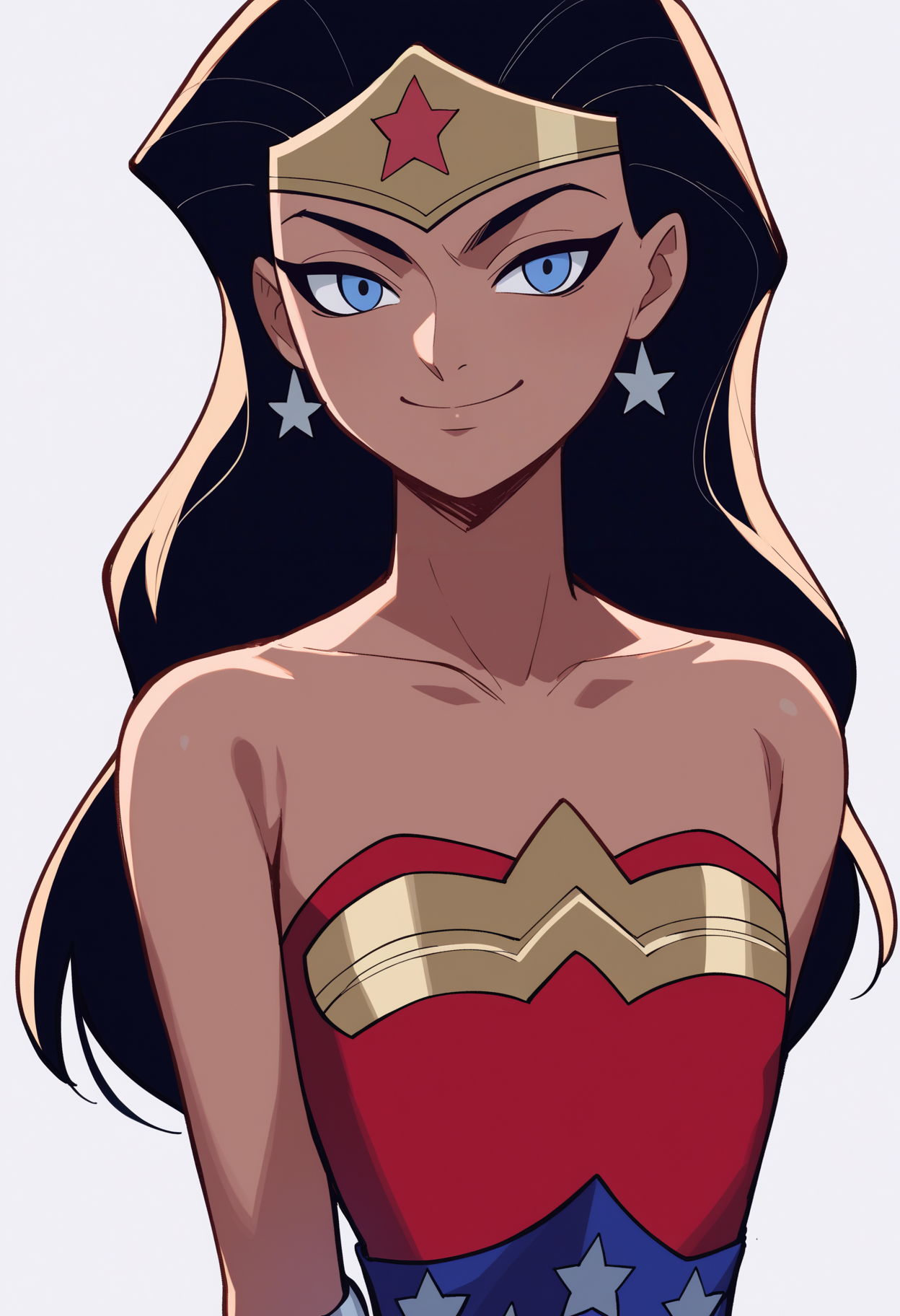 score_9, score_8_up, score_7_up, score_6_up, score_5_up, score_4_up, BREAK, source_anime,
1girl, wonderwoman, black hair, long hair, blue eyes, dark skin, tiara, bare shoulders, earrings, flat chest,
hands behind back, smile, upper body, looking at viewer, solo, simple background, white background   <lora:WonderWomanKidsXL:1>  <lora:autismlorabf16:-0.5>