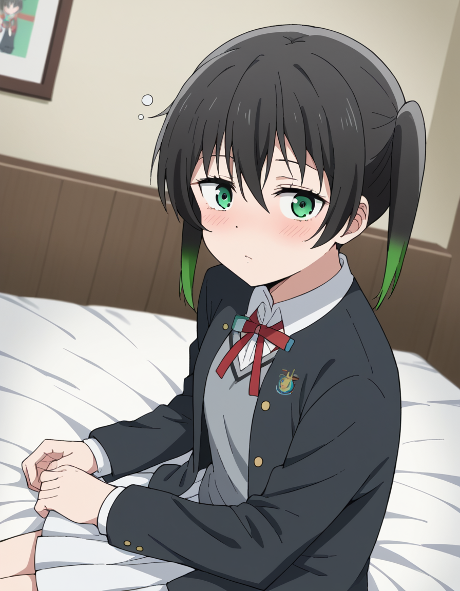 score_9, score_8_up, score_7_up, source_anime, <lora:yuu-takasaki-s2-ponyxl-lora-nochekaiser:1>, yuu takasaki, bangs, black hair, hair between eyes, twintails, green eyes, multicolored hair, green hair, medium hair, two-tone hair, gradient hair,, skirt, long sleeves, school uniform, jacket, red ribbon, black jacket, blazer, nijigasaki academy school uniform, white skirt,, indoors, bed, bed room, on side, blush, drunk, looking at viewer, solo,, cowboy shot, dutch angle