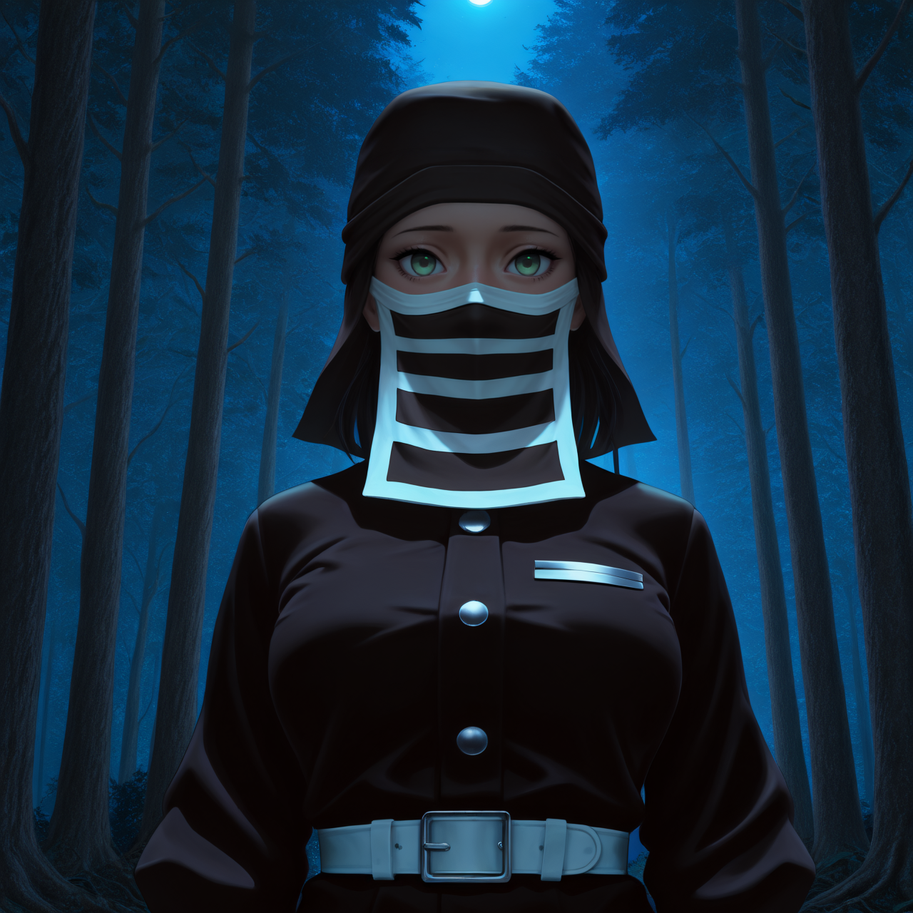 <lora:Kakushi_Illustrious:1> masterpiece, best quality, newest, absurdres, highres, outdoors, night, dark, 1girl, solo, dskakushi, black headwear, mouth mask, demon slayer uniform, green eyes, looking at viewer, forest, tree, moonlight,  <lora:serge3dx:0.8> serge3dx, realistic, photorealistic