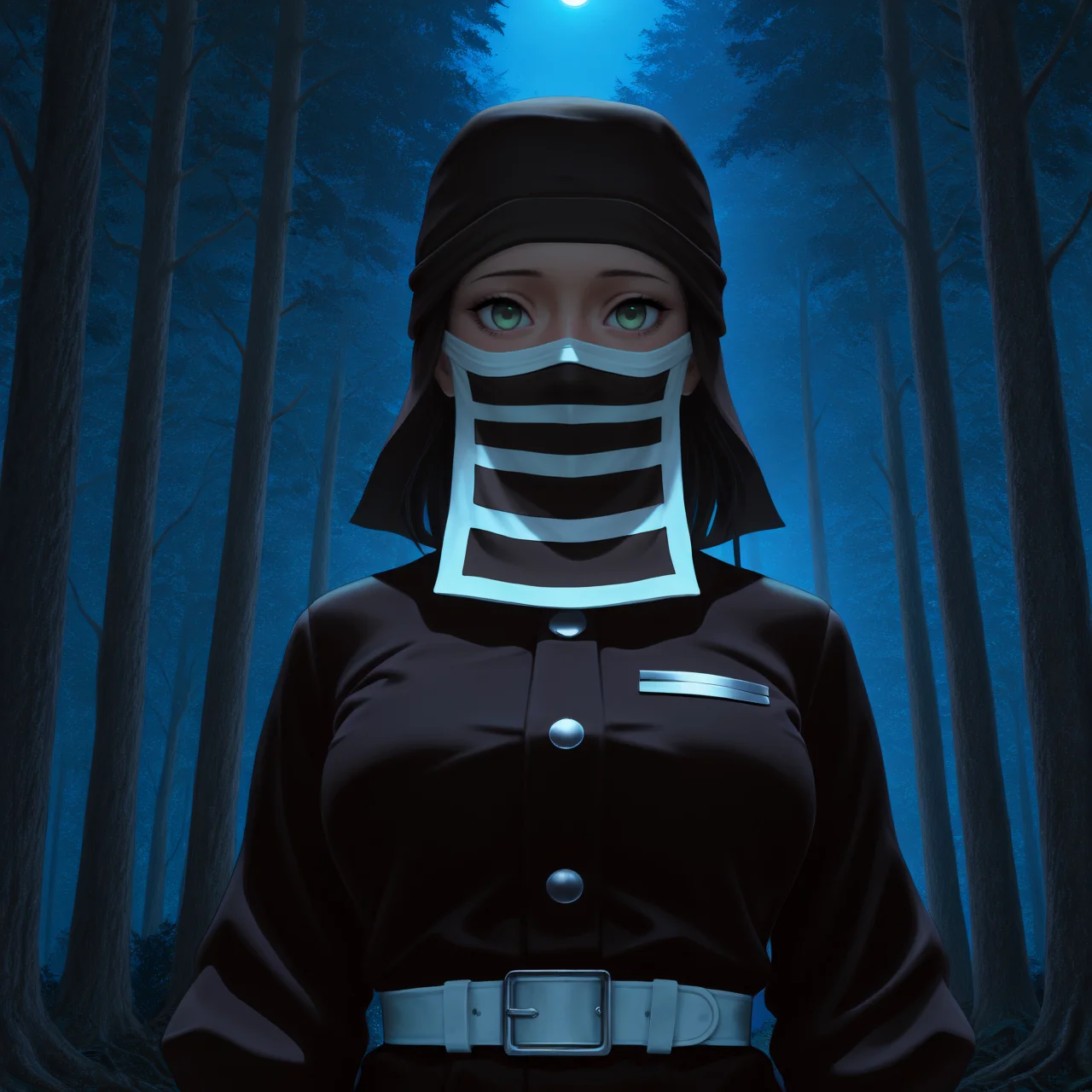 <lora:Kakushi_Illustrious:1> masterpiece, best quality, newest, absurdres, highres, outdoors, night, dark, 1girl, solo, dskakushi, black headwear, mouth mask, demon slayer uniform, green eyes, looking at viewer, forest, tree, moonlight, <lora:serge3dx:0.8> serge3dx, realistic, photorealistic