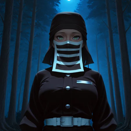 <lora:Kakushi_Illustrious:1> masterpiece, best quality, newest, absurdres, highres, outdoors, night, dark, 1girl, solo, dskakushi, black headwear, mouth mask, demon slayer uniform, green eyes, looking at viewer, forest, tree, moonlight, <lora:serge3dx:0.8> serge3dx, realistic, photorealistic