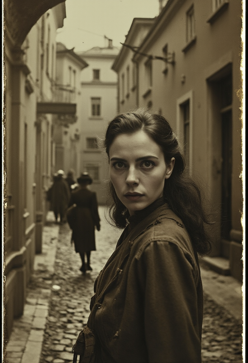 A sepia yfg-v1nt (vintage:2.35) (close-up portrait of a woman spying on someone.:2.45) Her eyes are ...  set in a dimly lit, surreal urban landscape, an Eastern European city in the 1940s. The atmosphere is dense with a dream-like quality, filled with elongated shadows and surreal/ethereal atmosphere - with strange people hiding in the shadows, narrow winding streets, gold foil, multiple exposure.