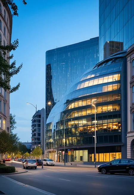 <lora:YourBlobitecture_XL:1> , ((blobitecture)), ((masterpiece)), ((best quality)), scenery, outdoors, sky, building, day, tree, city, real world location, road, motor vehicle, lamppost, window, reflection, curvy, curtain wall, glass,, photography, capturing moments, storytelling, creative composition