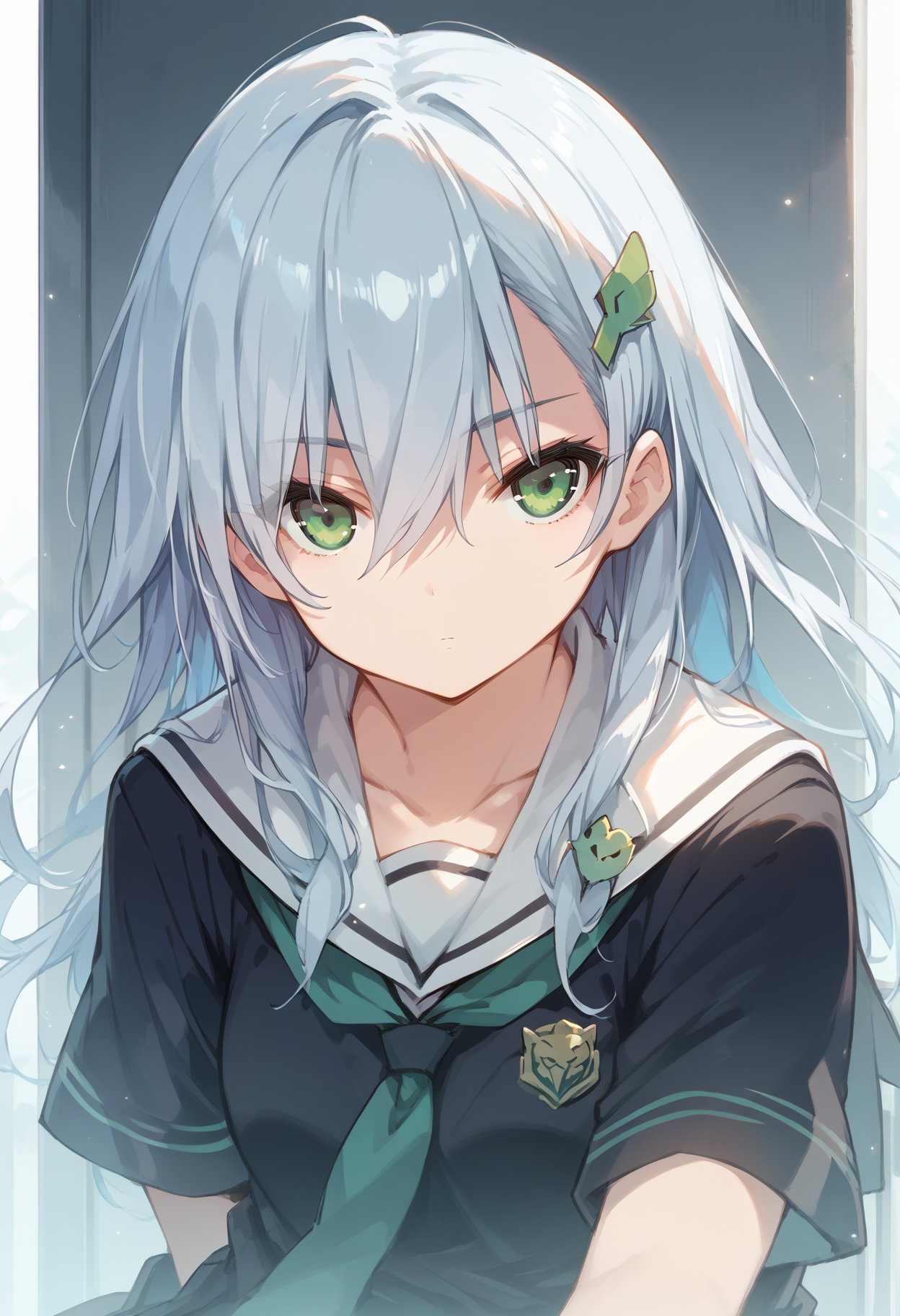 <lora:SDXL_Saki_Inui:0.8>, <lora:SDXL_HandFineTuning_XL:0.9>, <lora:SDXL_add-detail-xl:0.3>, score_9, score_8_up, score_7_up, highest quality, beautiful, 1girl, green eyes, white hair, school uniform, hair ornament, black thighhighs, looking at viewer, expressionless