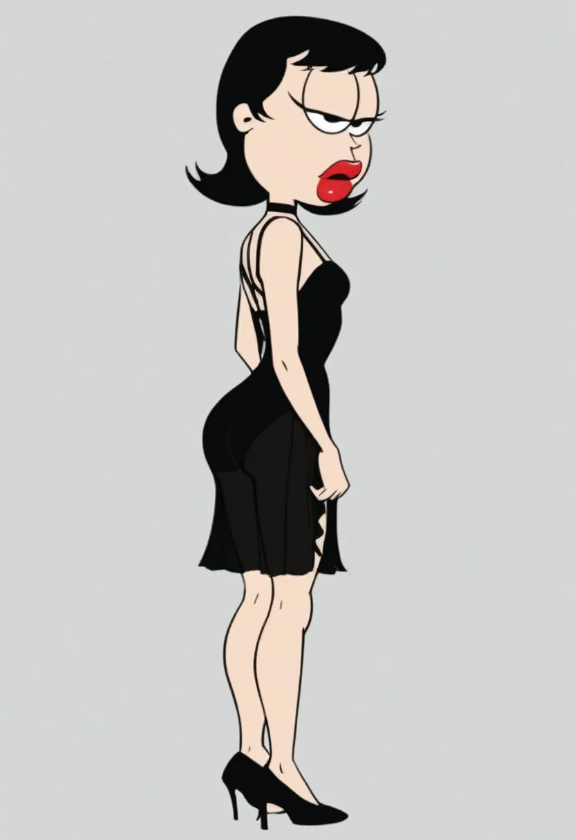 Score_9,score_up8,score_up7,score_up_6,
LizW,Black hair, red lips, big lips, black eyes, black dress,human,,cartoon eyes, solo,1 girl, bang's over eyebrows , single bang, bang over eyes, full open eyes,
Break;
sexy lingerie, underwear, see-through, simple grey background,,sexy pose, full body,, ass focus,
