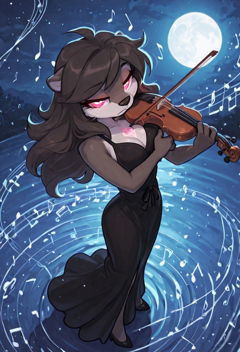 best quality, newest, highres, otter, furry otter , Expressiveh, no lineart, CartoonyIllustrious,
moon ligth, lake background, solo, female only, high angle view, emotional, serious look on face,
magical glowing music notes swirling around body, bass clef, beamed eighth notes, beamed  notes, eighth note, light particles, moonlight, music, musical note, night, night sky, quarter note, sheet music, singing, music note, , treble clef, official anime artwork, screencap,
octavia melody, face focus, medium breasts, ruby eyes , playing violin, magical music notes, flowing hair, glowing wind, black sleeveless gown with a slit, cleavage, medium breasts, high heels, bow (music), violin, sexy pose, wind swept hair, detailed hands, detailed fingers,
<lora:Cartoony_Illustrious_Style:0.3> <lora:Octavia:1>