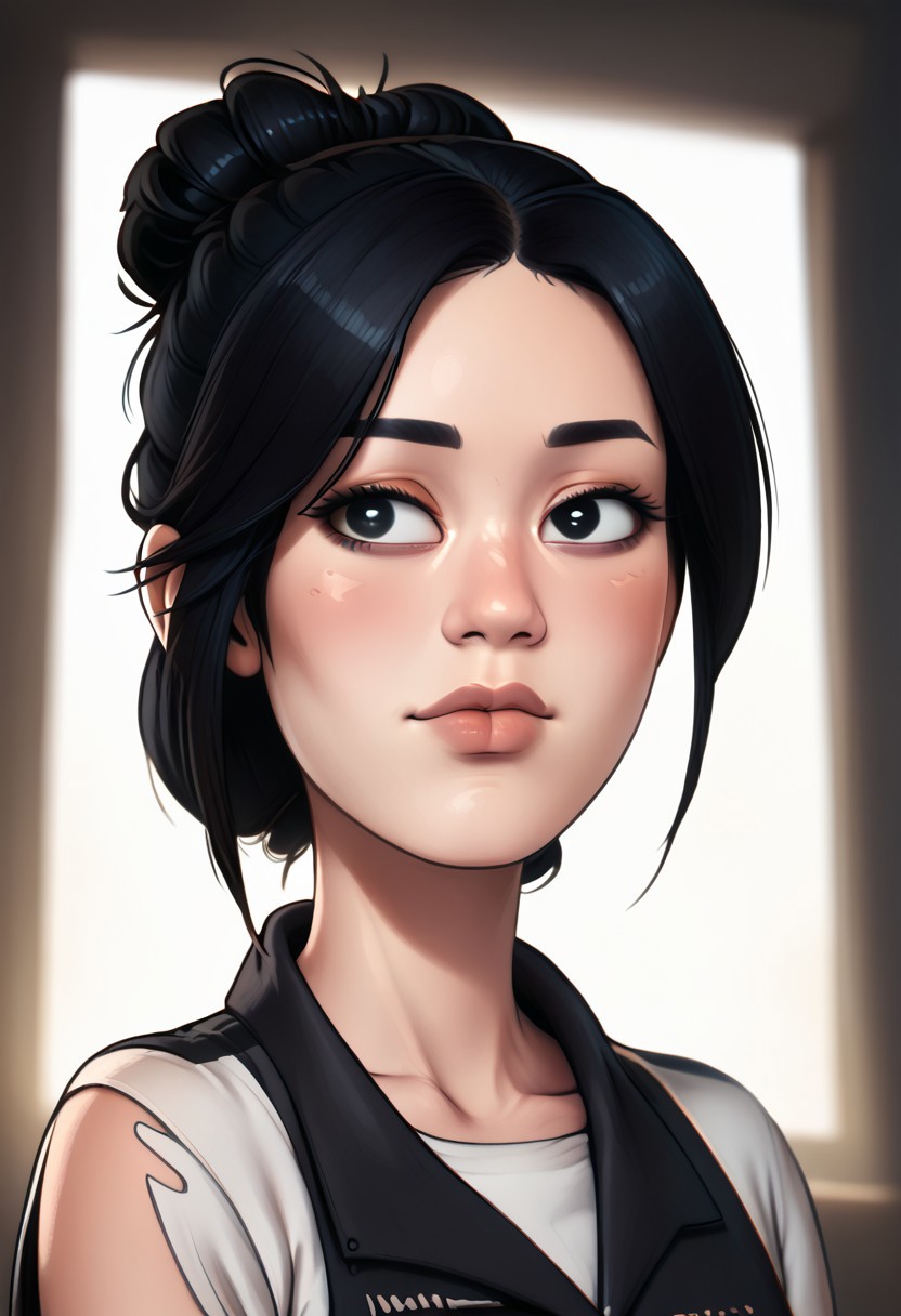 score_9, score_8_up, score_7_up, score_6_up, PRSNL_3_1, uncensored, pupils black dots, lips, upper body, best quality, masterpiece, 4k, realistic, warm light,
1girl, solo, cpnakamura, single bun, black hair, black eyes
