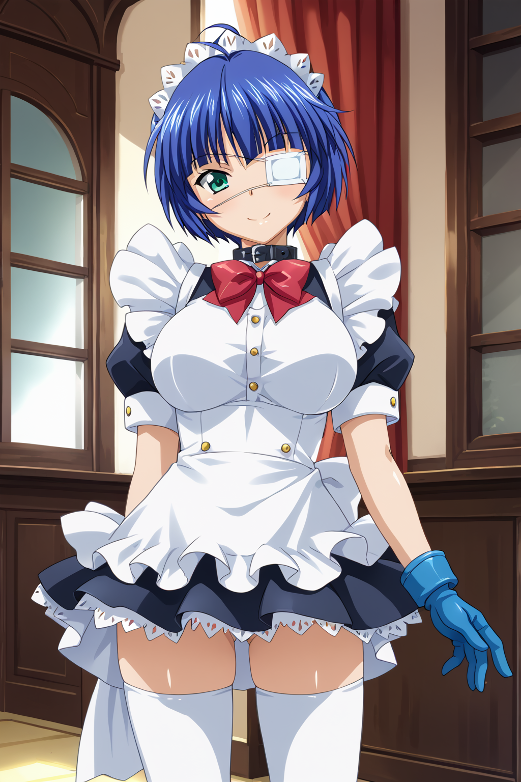 score_9, score_8_up, score_7_up, BREAK source_anime, masterpiece, anime screencap, shiny skin,
1girl, ryomou shimei, short hair, ahoge, blue hair, green eyes, medical eyepatch, large breasts,  <lora:ryomou_pony:1>
maid headdress, collar, red bowtie, (blue:1.2) dress, maid apron, blue gloves, white thighhighs, 
standing, cowboy shot, smile,
