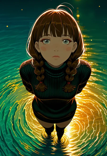 anime artwork cinematic film still concept art masterpiece, best quality, amazing quality, intricate detail, highly detailed, absurdres,
lubava, 1girl, braid, brown hair, solo,  blush stickers, blue eyes, twin braids, mature, sexy, breast,
1girl, ((lineart, color trace)), <lora:add-detail-xl:1>, masterpiece,best quality, incredibly absurdes, long hair, black hair, wavy hair, choppy bangs, black eyebrows, detailed eyes, grey eyes, dark red eyeshadow, fading eyeshadow, dark red lips, closed moouth, hair behind ear, ahoge, turtleneck sweater, black sweater, long sweater, bare thighs, black thighhighs, standing in shallow water, hands behind back, water ripples around her feet, reflective water, subtle reflections, moody lighting, deep shadows, cinematic composition, dark fantasy aesthetic, dramatic, from above, looking at viewer, high-angle perspective,
<lora:illustrious_noobai_epsilon_pred_1_best_quality_v1:1> masterpiece, best quality, very aesthetic, absurdres <lora:noobai_vpred_1_masterpieces_v23:1> masterpiece, best quality, very aesthetic <lora:lubava-20:1>  . digital artwork, illustrative, painterly, matte painting, highly detailed . shallow depth of field, vignette, highly detailed, high budget Hollywood movie, bokeh, cinemascope, moody, epic, gorgeous, film grain, grainy . anime style, vibrant, studio anime, highly detailed