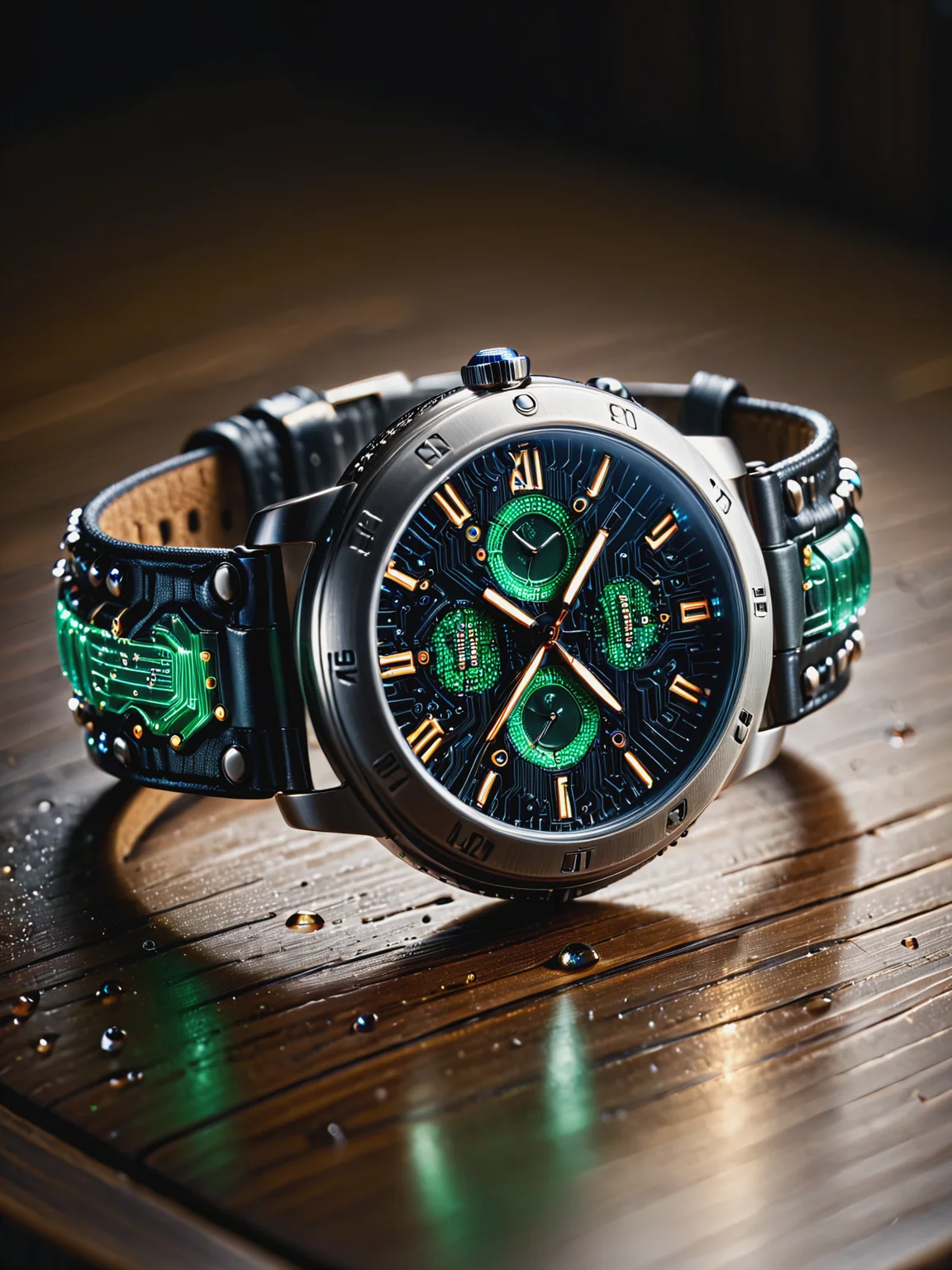 close-up of a mad-circuit watch with leather wristband lying on a wooden table and covered with water droplets, spotlight, reflection, dramatic lighting, cinematic shot <lora:Coloruful_Circuit_SDXL_v2:1>