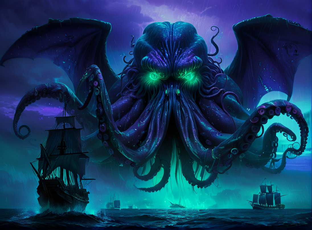 masterpiece,high resolution, <lora:Cthulhu-XL-9:0.8>,
cthulhu, watercraft, ship, tentacles, glowing, no humans, ocean, glowing eyes, rain,blue and purple theme,blue glow eyes