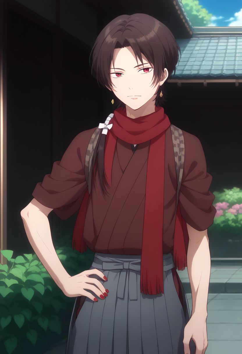 score_9, score_8_up, score_7_up, source_anime, highly detailed, 
kashuu, 1boy, male focus, japanese clothes, red eyes, scarf, solo, jewelry, earrings, nail polish, brown hair, mole under mouth, red nails, ponytail, hakama,
skirt, red scarf, hand on hip, hakama skirt, mole,
outdoor, garden, japanese,