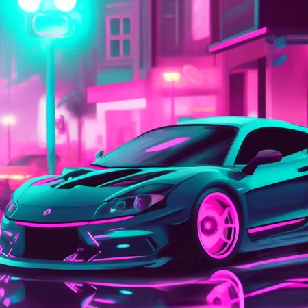 a photo of a car parked on a city street with a neon light on it's side and a neon light on the back of the car, art by carstestv3