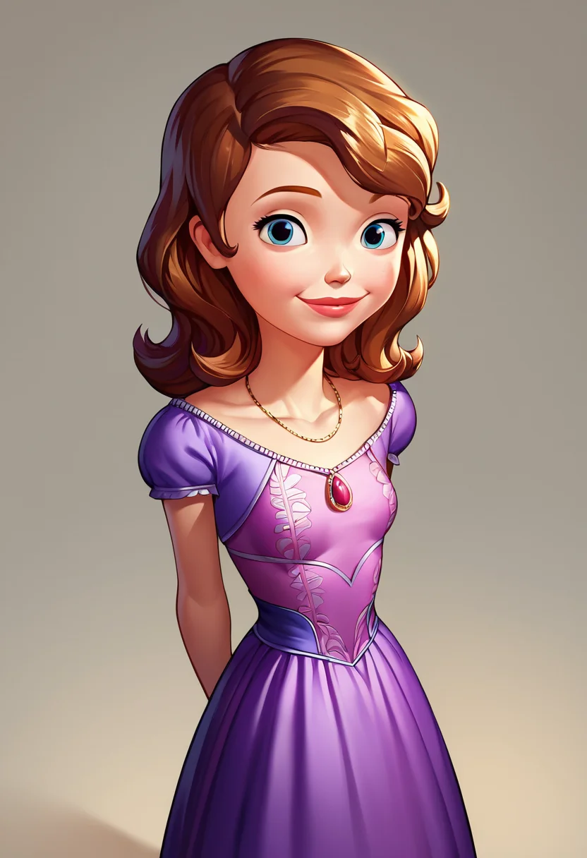 score_9, score_8_up, score_7_up, score_6_up, 1girl, solo, sofia_the_first, purple dress, necklace, standing, arms behind back, posing, light smile, simple background, dynamic angle, looking at viewer