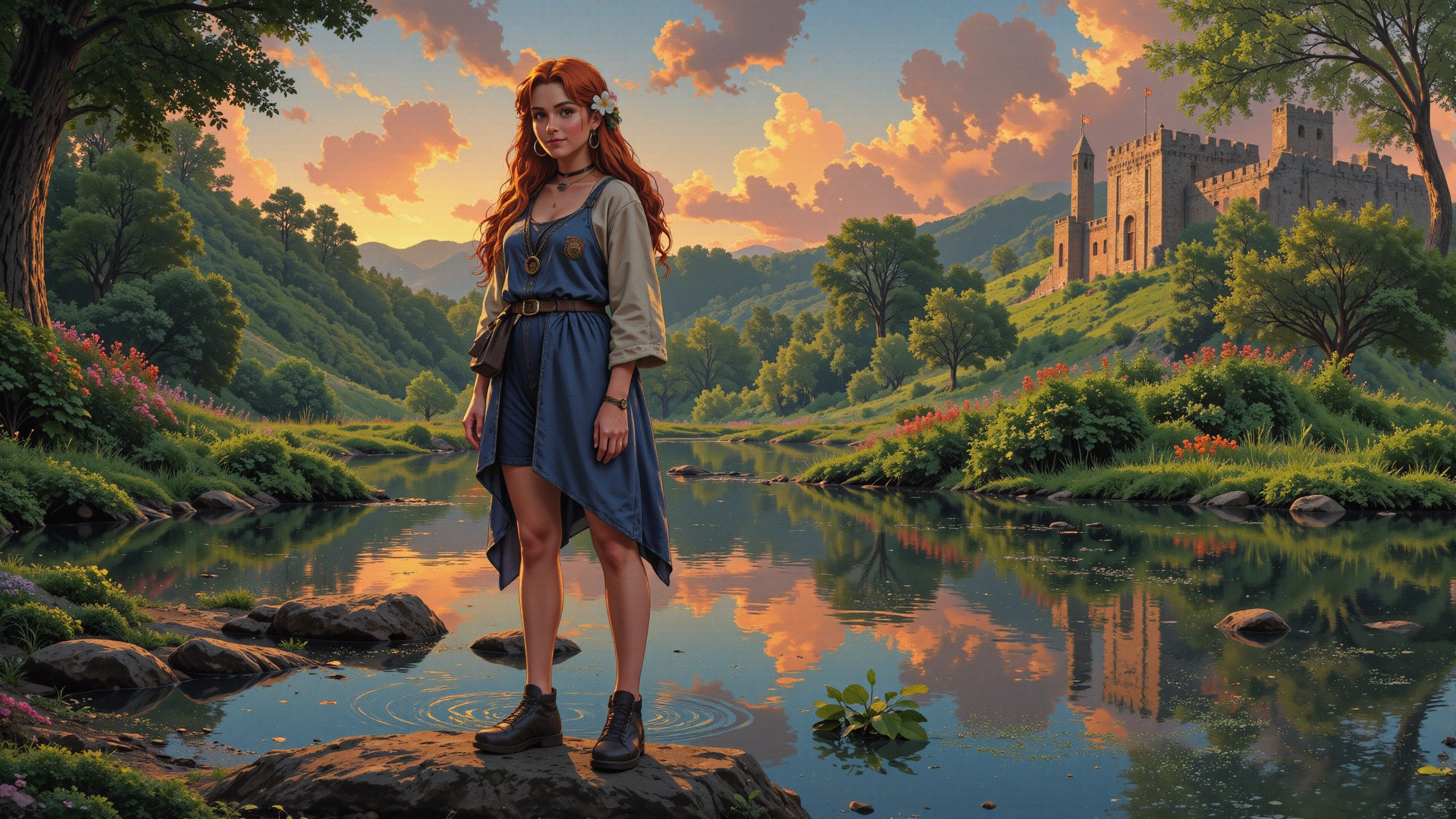 dutch braid orange hair young woman, druid, anime, illustration, extremely detailed, portrait, standing, happy smile, flower in hair, glossy lipstick, celtic necklace, j-hoop earrings, loincloth, sandals,  Malibu Blue druid short dress, legs, sharp focus, fantasy, celtic landscape, small rock, moss, ripples, reflections, celtic  castle, small river pond, druid forest, druid village, stunning nature environment, enchanted land, clovers, Bright Aluminum flowers, best quality, colorful, wet floor, bright sunny sky, sunset, raytracing, hdr, high contrast, ethereal natural lights, backlight, lens flare, shadows, vibrant colors, colorful, pretty, beautiful, happy, smiling, feminine, sexy, lovely, in love, adorable, fashion,  <lora:Hand v2:1> <lora:Anti-Blur:1><lora:Insane Detail Slider:0.5>  <lora:flux.1_lora_flyway_Epic-detail_v2:0.3><lora:fluxenhancer:0.5> <lora:RetroAnimeFluxV1:0.4> <lora:Luminous_Shadowscape:0.4> <lora:SujatmikoArafuru_Flux:0.2> Suzume style