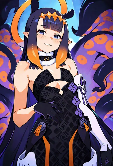 ninomae ina'nis \(1st costume\), hololive, 1girl, pointy ears, blue eyes, purple eyes, mole under eye, tentacle hair, gradient hair, orange hair, very long hair, purple hair, black hair, sidelocks, blunt bangs, flat chest, small breasts, black dress, black gloves, halo, bare shoulders, single detached sleeve, virtual youtuber, virtual youtuber, tentacles, seductive, looking ar viewer, anime, cute, squeezable \(squeezabledraws\) art, soft light, masterpiece, best quality, amazing quality, very aesthetic, absurdres, newest