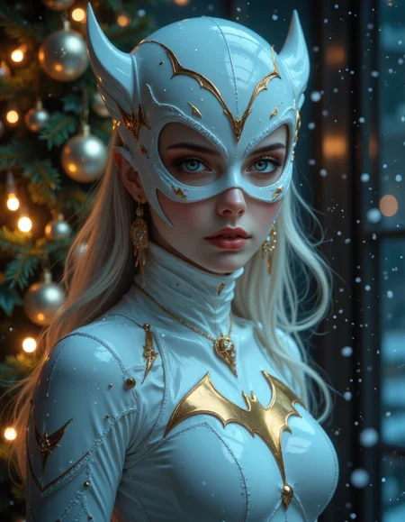 sci-fi style (dark mood masterpiece Photography:1.2), a portrait of batgirl in a white suit, white and gold DMT, modern, fuzzy lighting, dark mood, (rule of thirds composition), mysteriouse, emotional, highly detailed, melancholic, refraction, low-light hyper detailed photography, eye-level shot,close-up,style by mike mignola,light and shadow plays,silhouette lighting . futuristic, technological, alien worlds, space themes, advanced civilizations and a gentle glow from nearby Christmas lights illuminates her face. In the background, there are hints of holiday decorations like holly, garlands, and soft snowfall, creating a cozy, heartwarming Christmas atmosphere