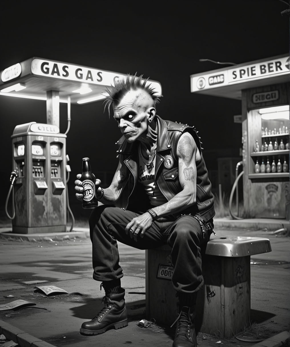 monochrome, An old punk drinks beer near an abandoned gas station <lora:Camera trap:1>, horror-themed, eerie, unsettling, dark, spooky, suspenseful, grim, highly detailed