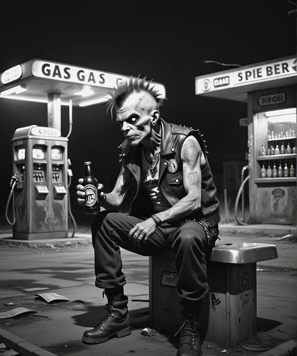 monochrome, An old punk drinks beer near an abandoned gas station <lora:Camera trap:1>, horror-themed, eerie, unsettling, dark, spooky, suspenseful, grim, highly detailed