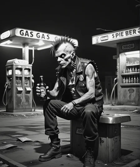 monochrome, An old punk drinks beer near an abandoned gas station <lora:Camera trap:1>, horror-themed, eerie, unsettling, dark, spooky, suspenseful, grim, highly detailed